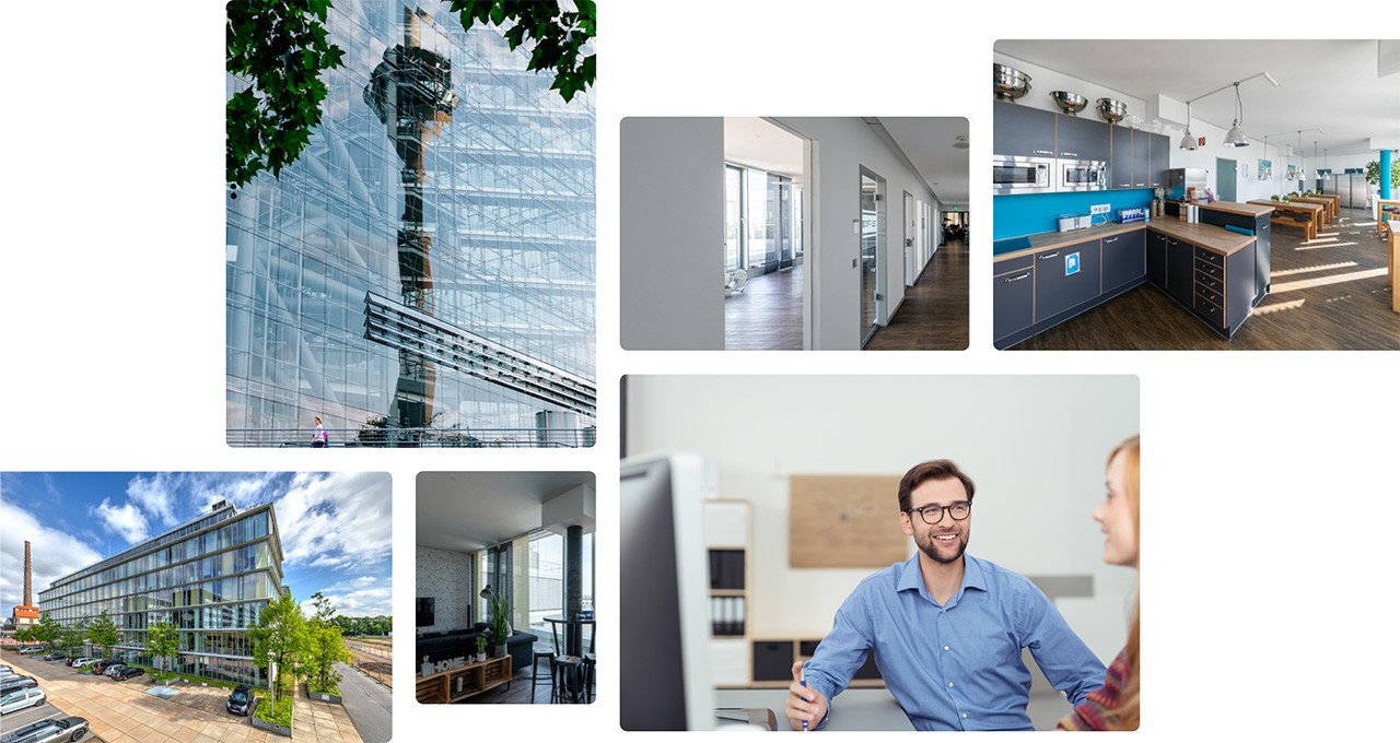 Collage mit Auditi-Büro, Gebäudeansicht und Teamfotos.